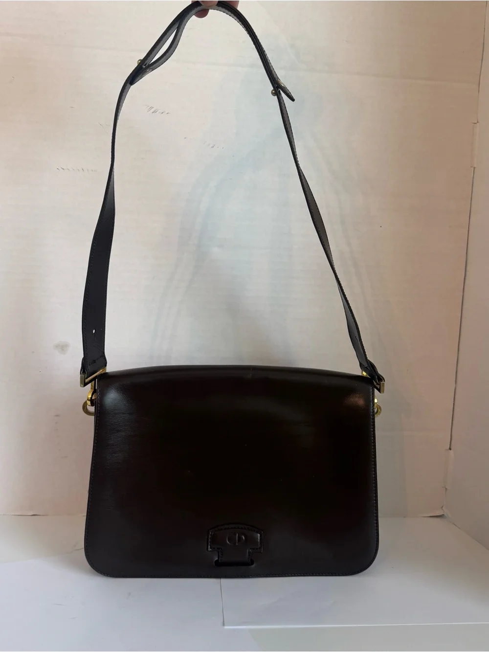 Authentic Christian Dior Large Shoulder Purse Bag Dark Brown Leather Structured